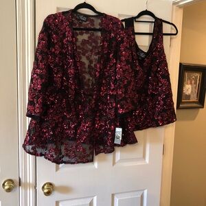 Alex Evenings Burgundy Sequin Jacket and Tank Top Set
